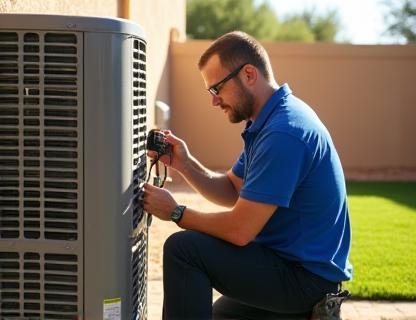 Clear Air technician repairing air conditioner in sunny backyard